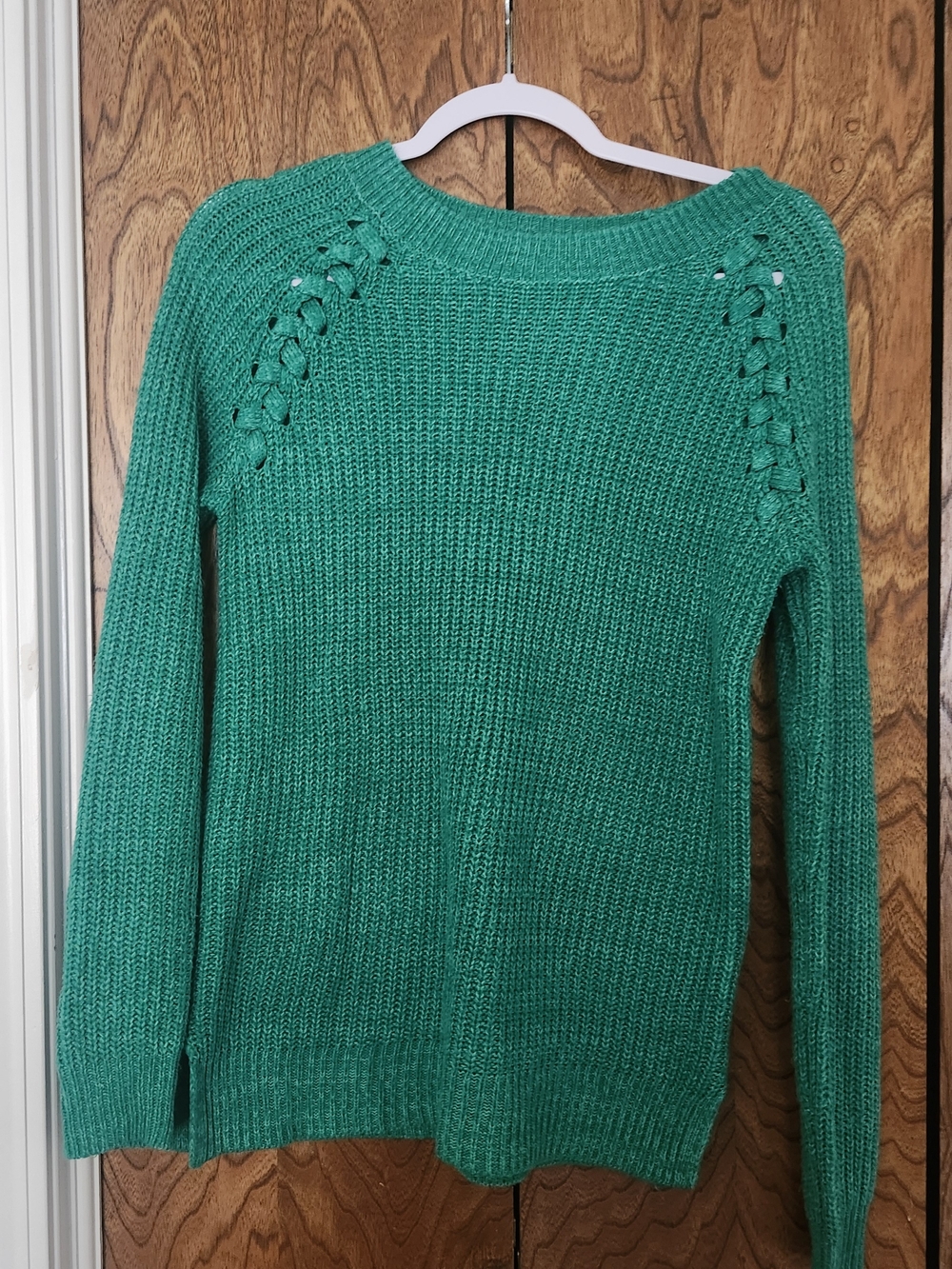 SO Women's Emerald Green Crewneck Sweater with Shoulder Lace-Up
